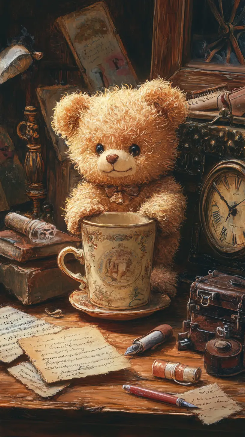 Tiny teddy creature beside ornate mug on table