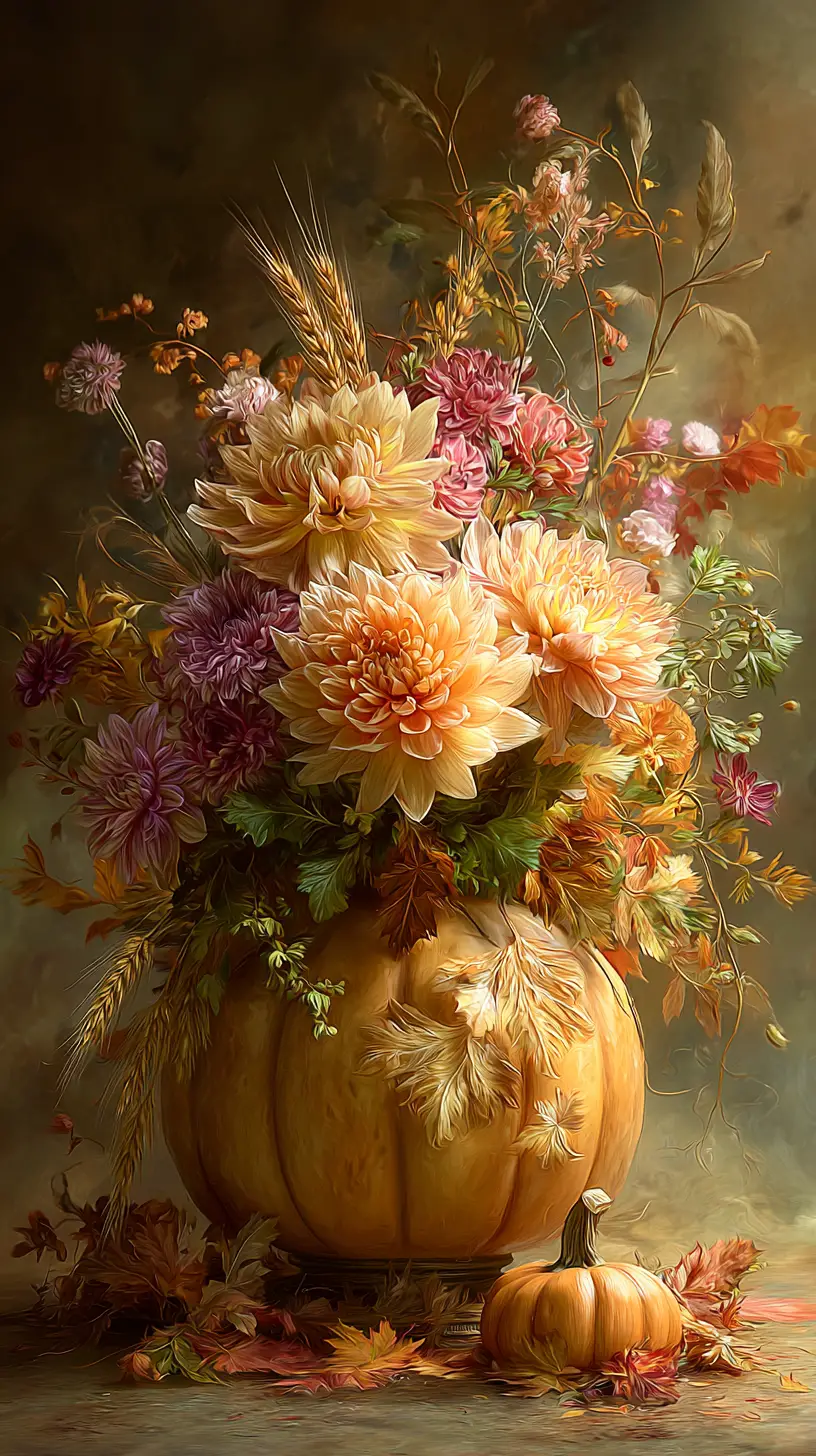 Autumn pumpkin flower arrangement in warm rustic light