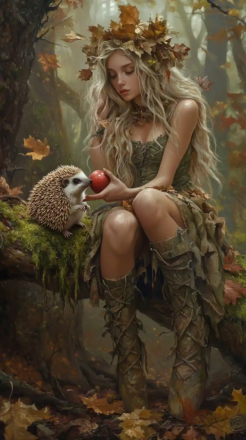 Young woman offering apple to hedgehog in autumn forest