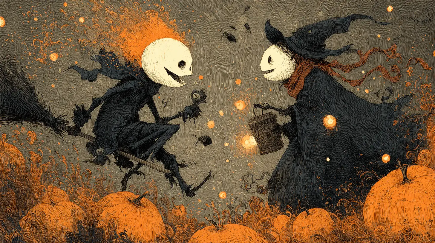 Playful witch duel above a stormy Halloween pumpkin patch