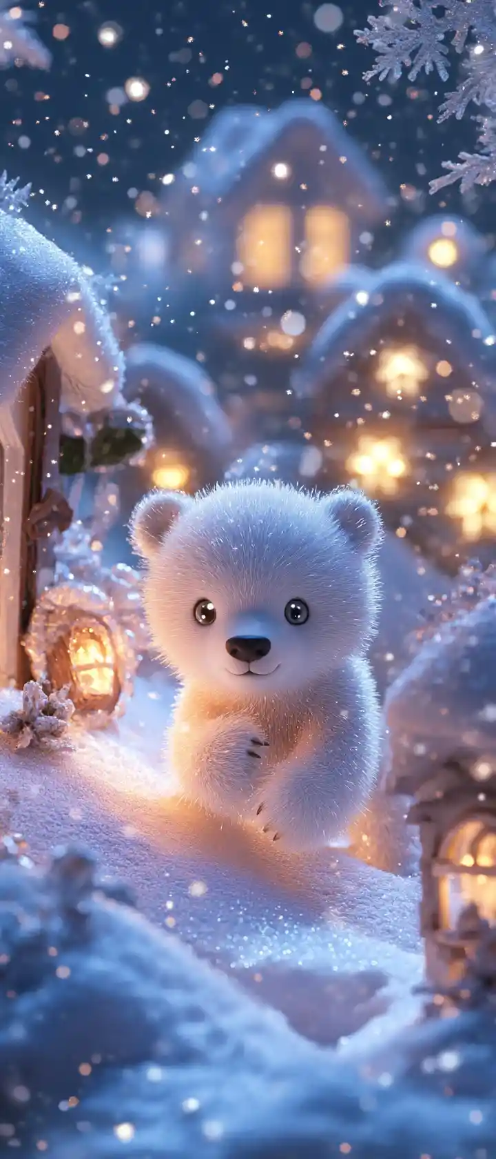Anime polar bear cub in a tiny glowing snowy village