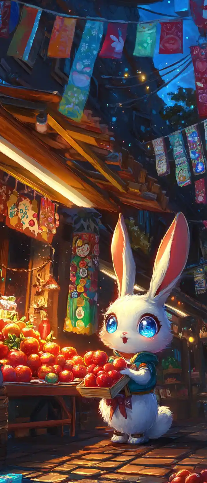 Anime rabbit vendor at a glowing festival stall