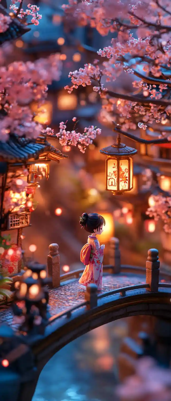 Chica de anime en un puente de cerezos en flor en una pequeña aldea