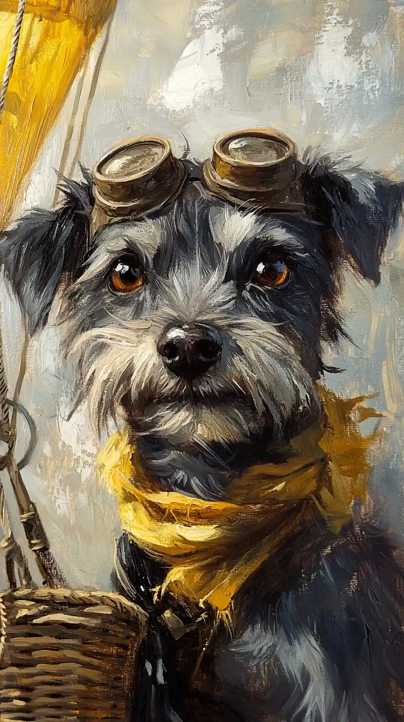 Aviator dog portrait in a whimsical hot air balloon