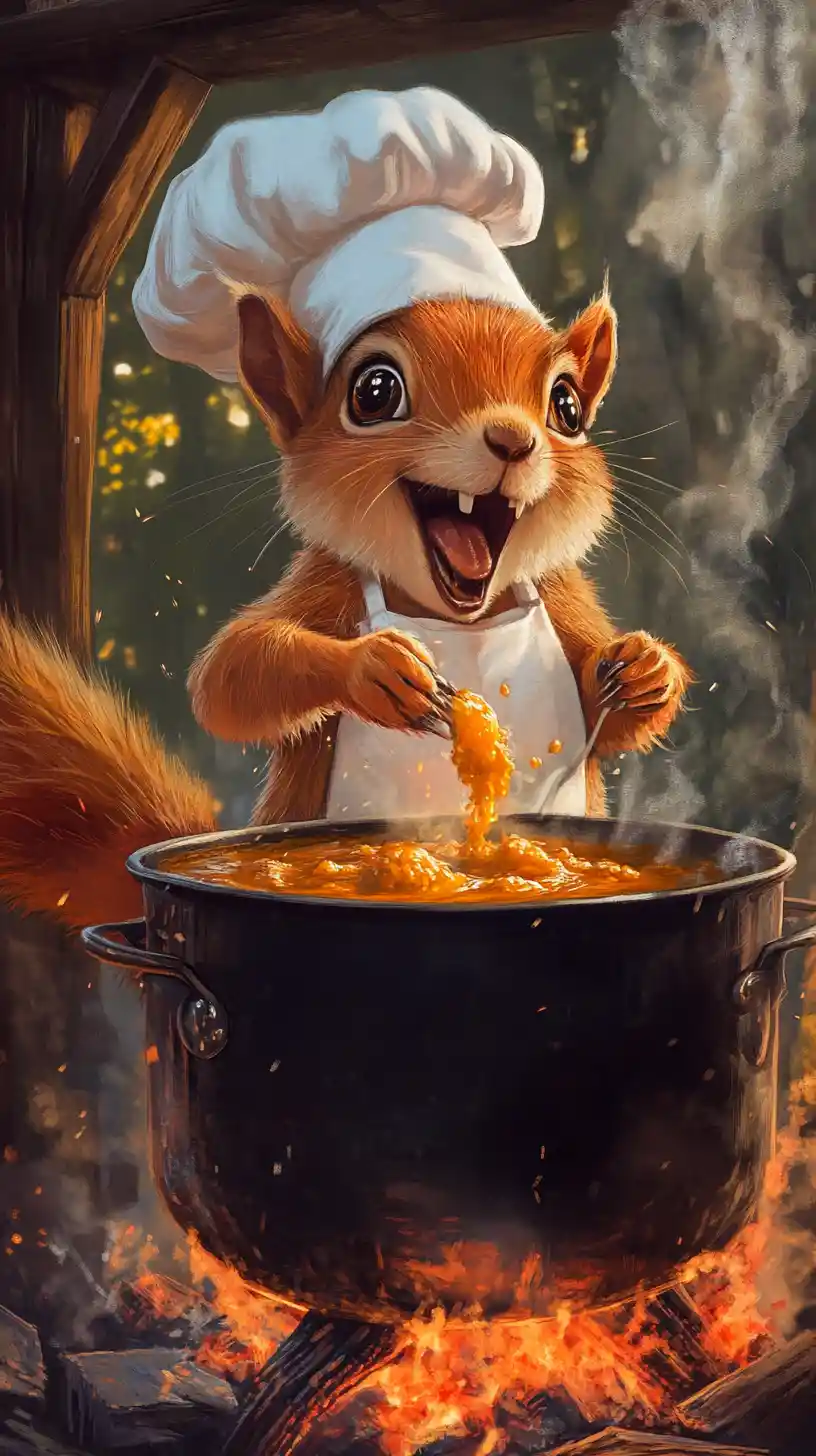 Joyful squirrel chef cooking in a magical forest kitchen