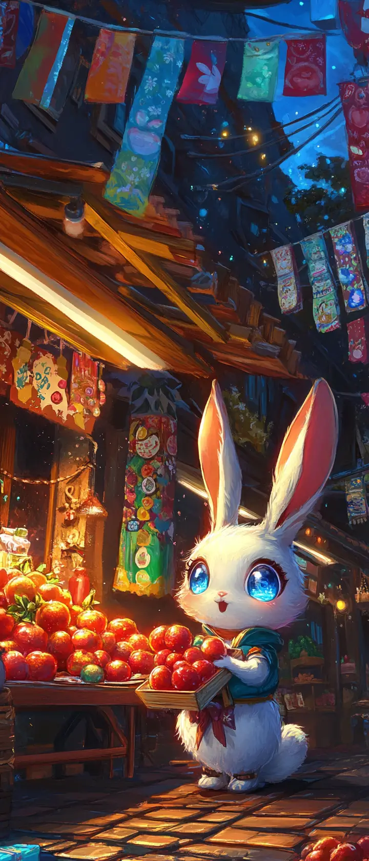 Anime rabbit vendor at a glowing festival stall