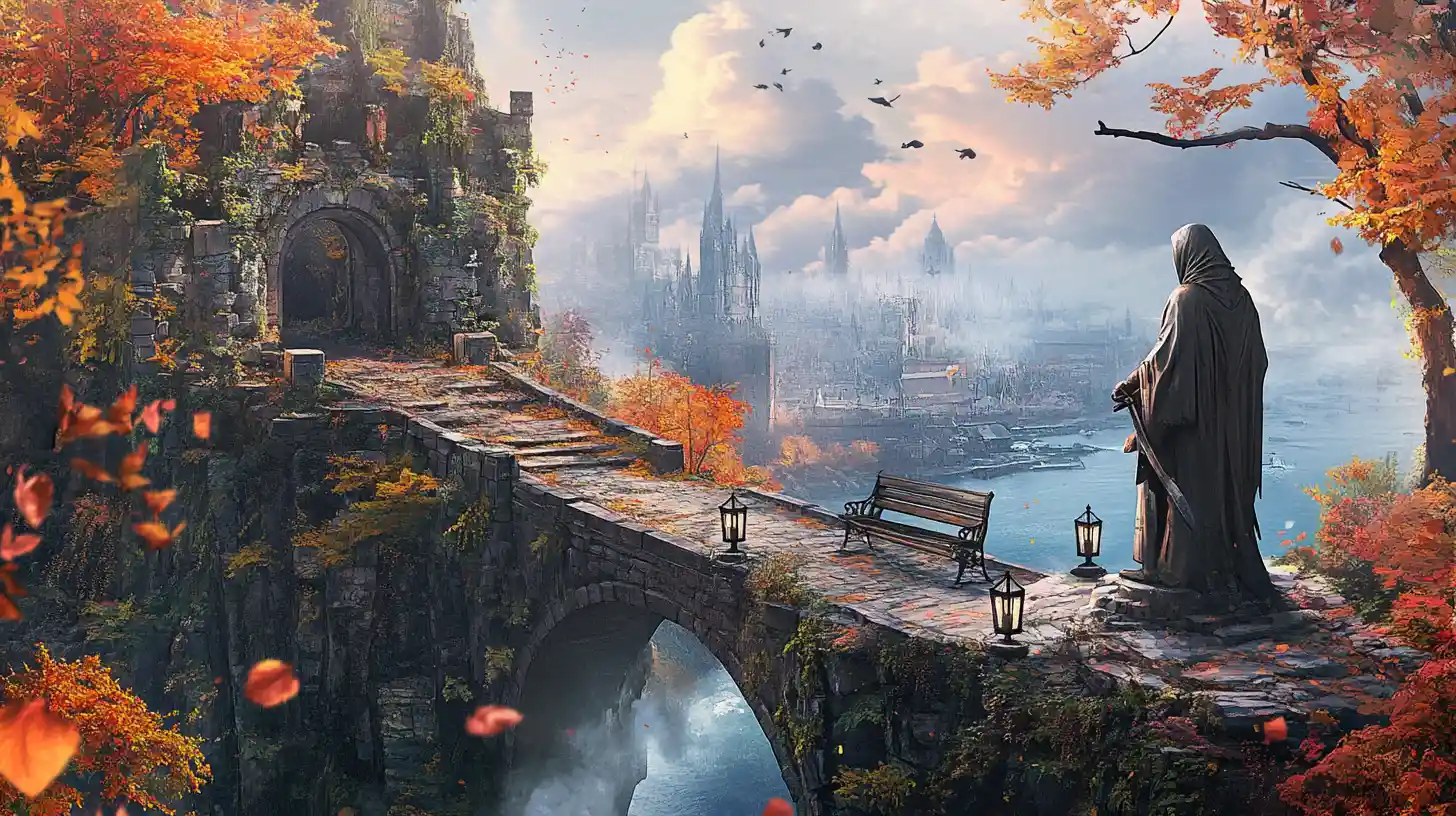 Old stone bridge on a cliff above an autumn city