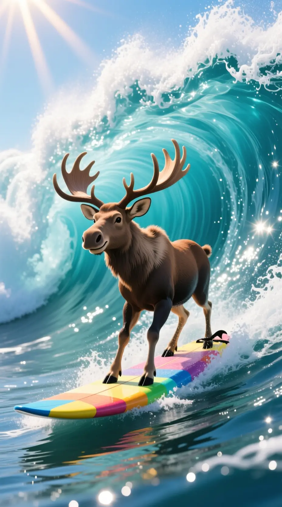 Moose Surfing A Colorful Board Inside A Ocean Wave