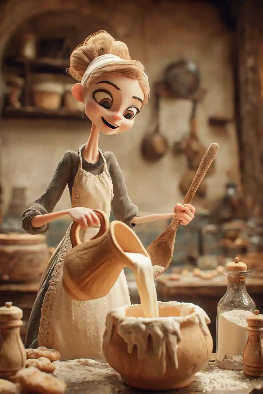 Smiling woman baker pouring water in rustic kitchen
