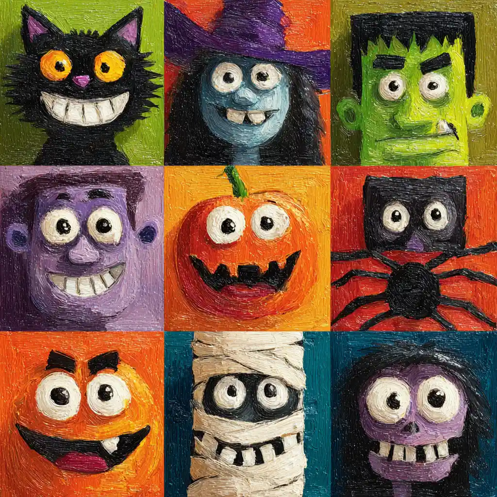Grille de personnages d’Halloween avec de jolies faces de dessins animés effrayants