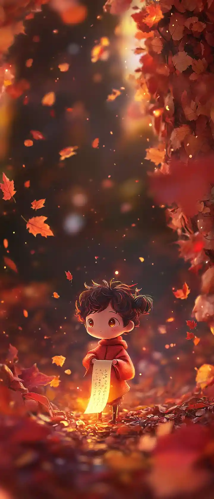 Tiny anime poet writing on a glowing autumn leaf