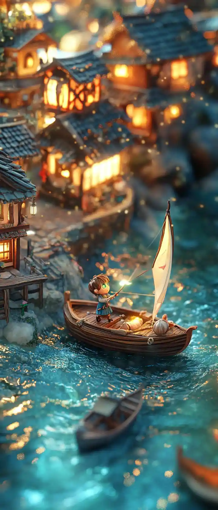 Anime sailor rowing a glowing walnut boat in miniature town