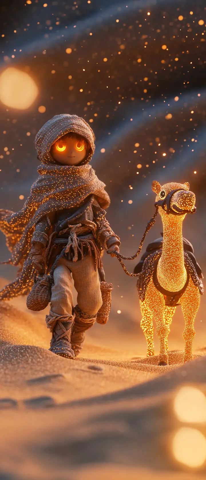 Tiny anime nomad leading a glowing sand camel caravan