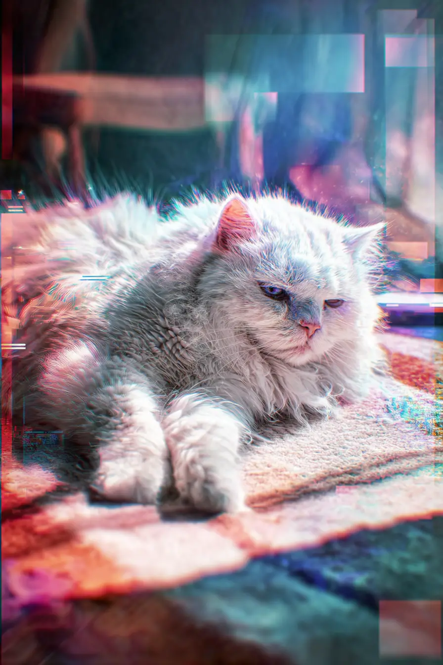 Cybernetic fluffy cat relaxing on a cozy indoor surface