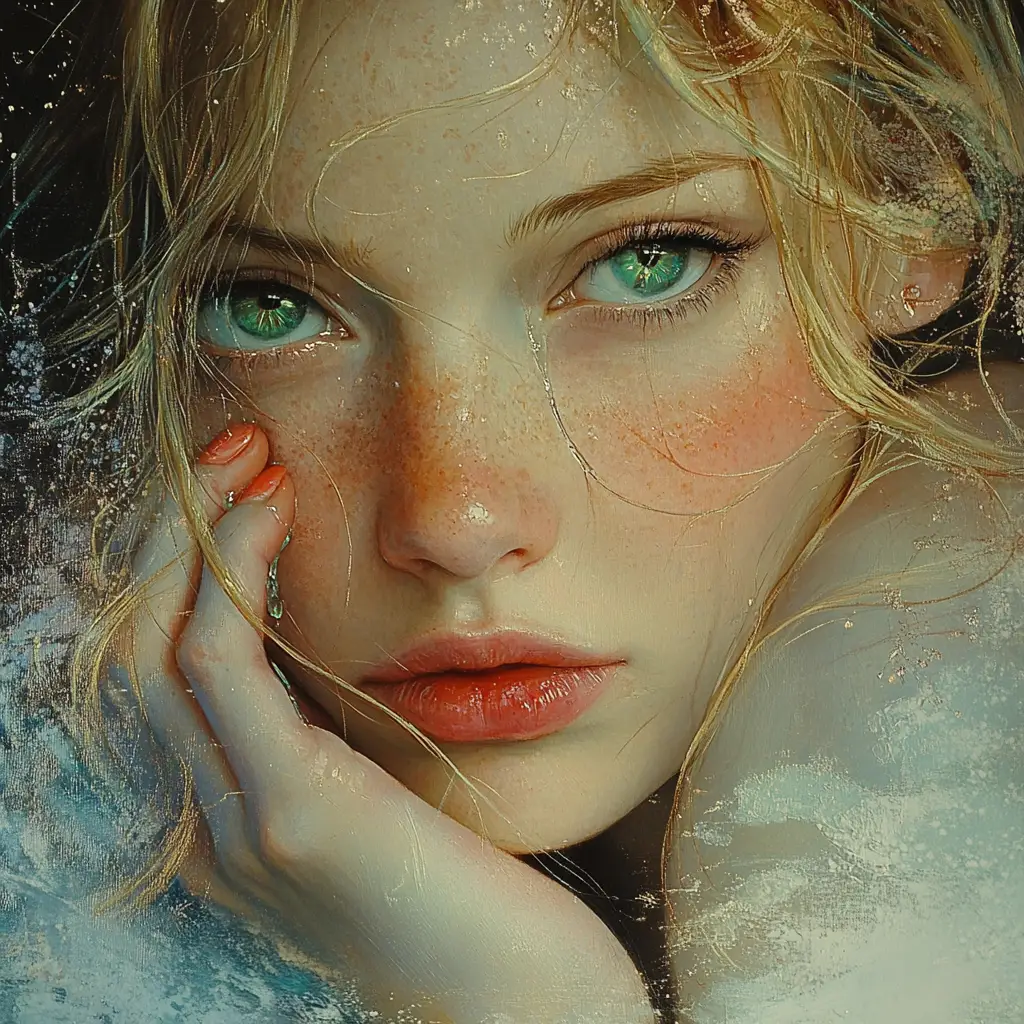 Melancholic woman with tearful eyes in ethereal moonlight