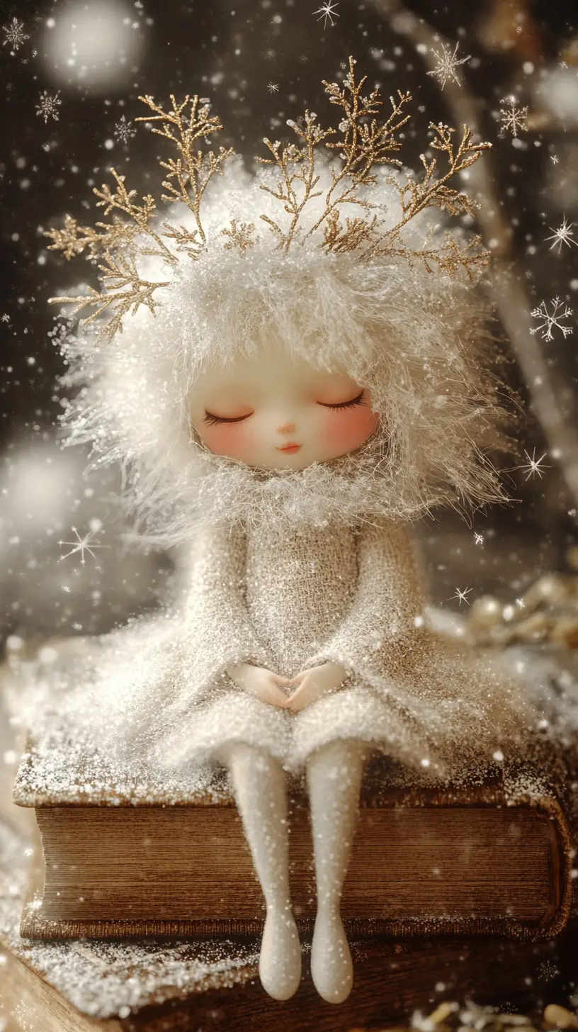 Tiny snowflake crowned child sitting on antique book