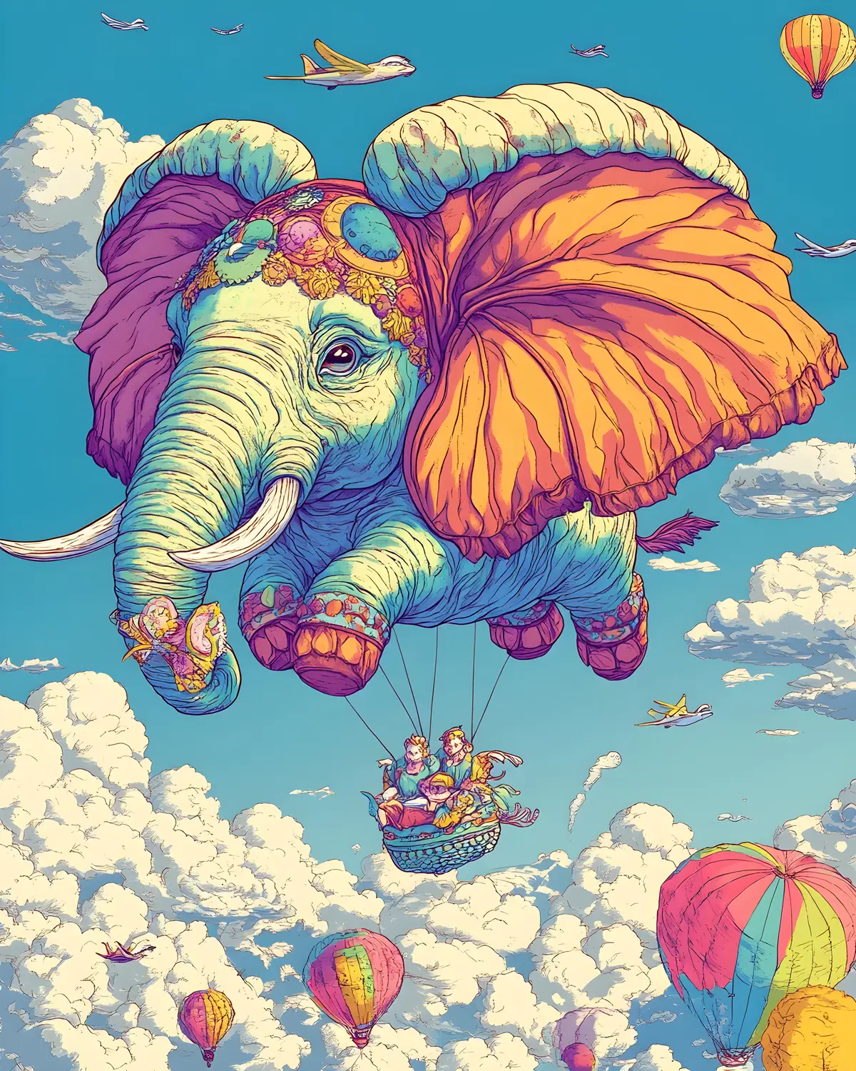 Cartoon stork carrying a baby elephant in colorful line art