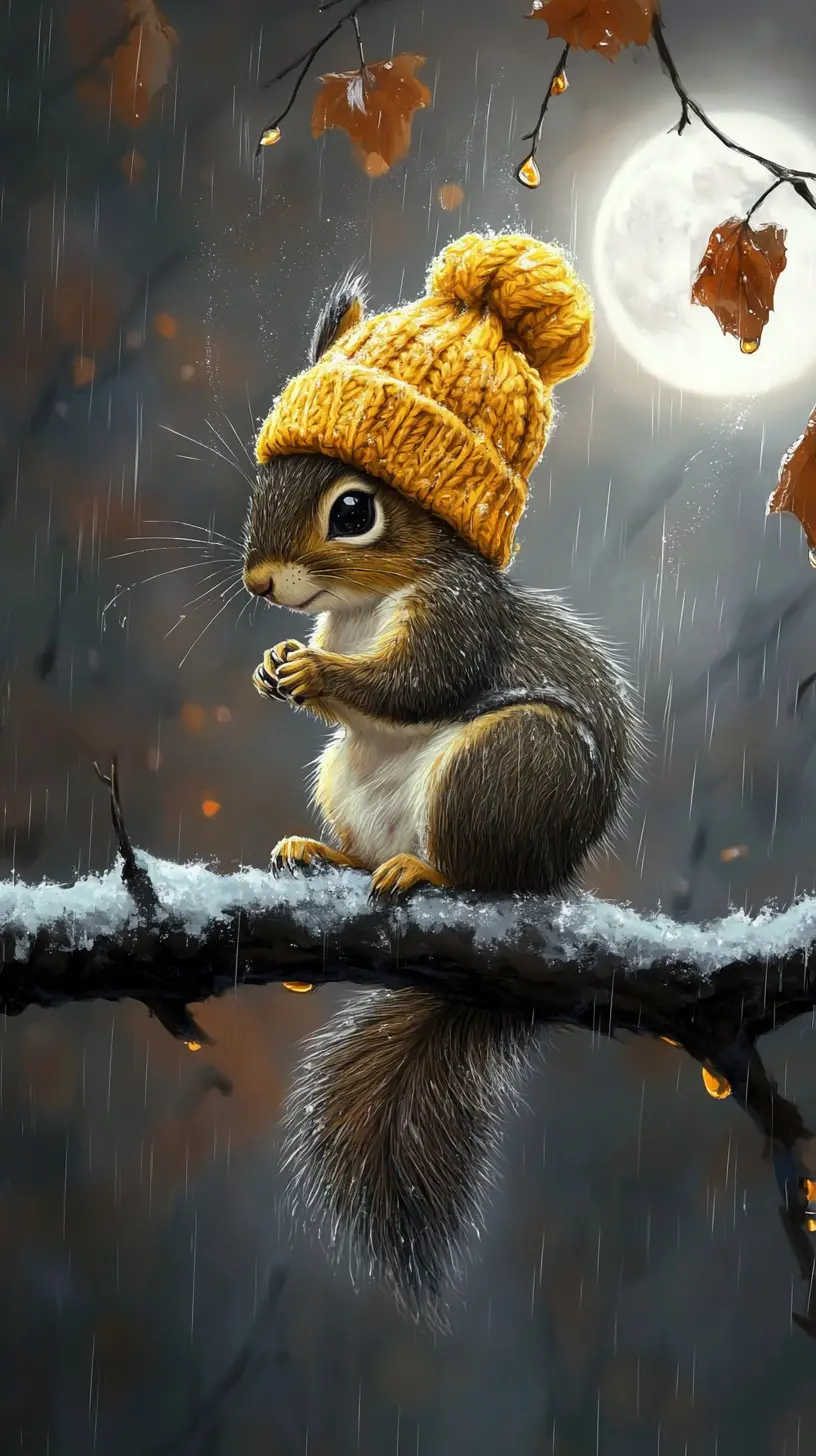 Squirrel In Yellow Hat On Rainy Autumn Night Branch
