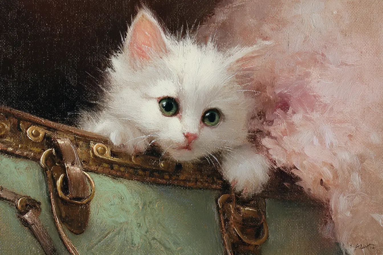 Tiny white kitten peeking from a luxury handbag