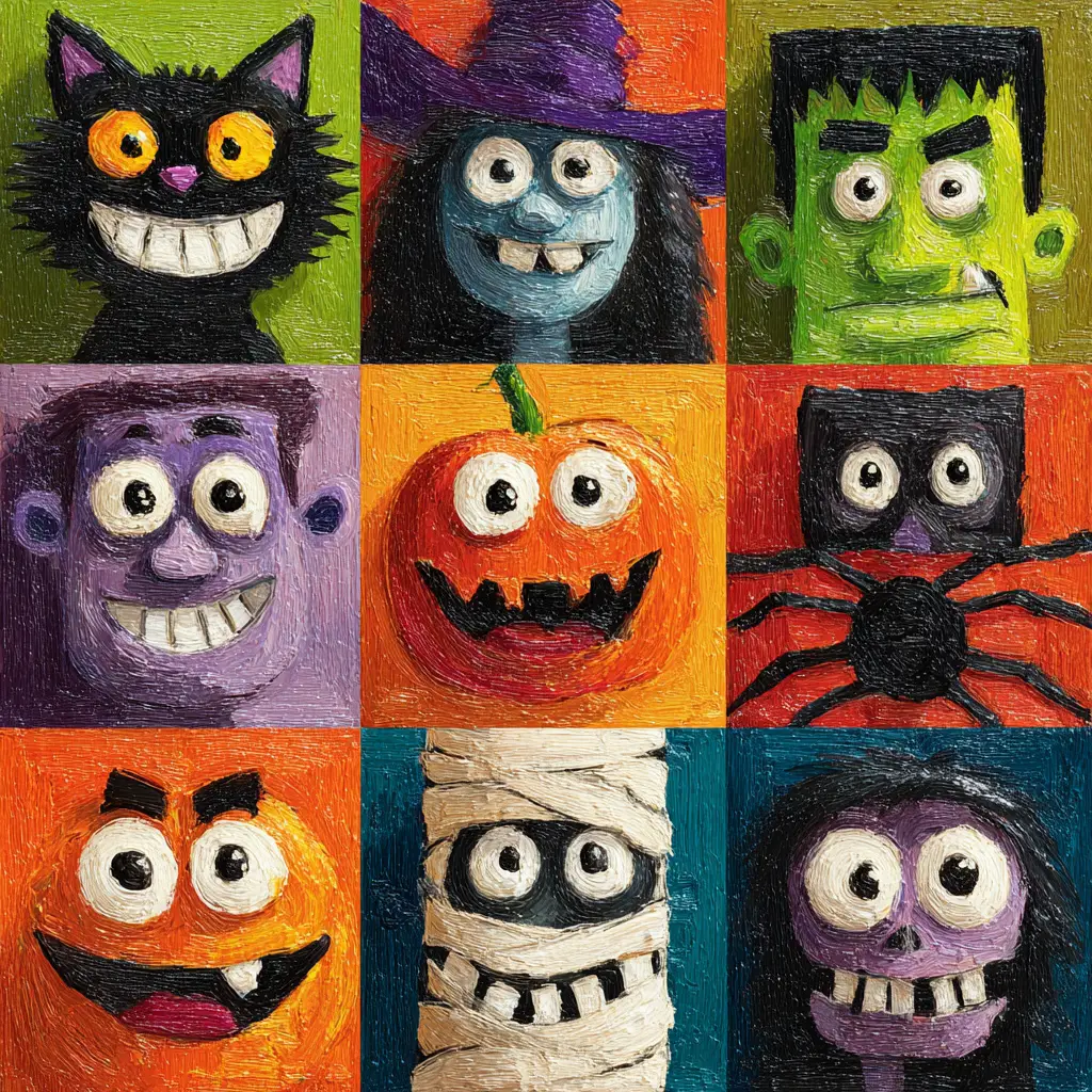 Halloween character grid with cute spooky cartoon faces