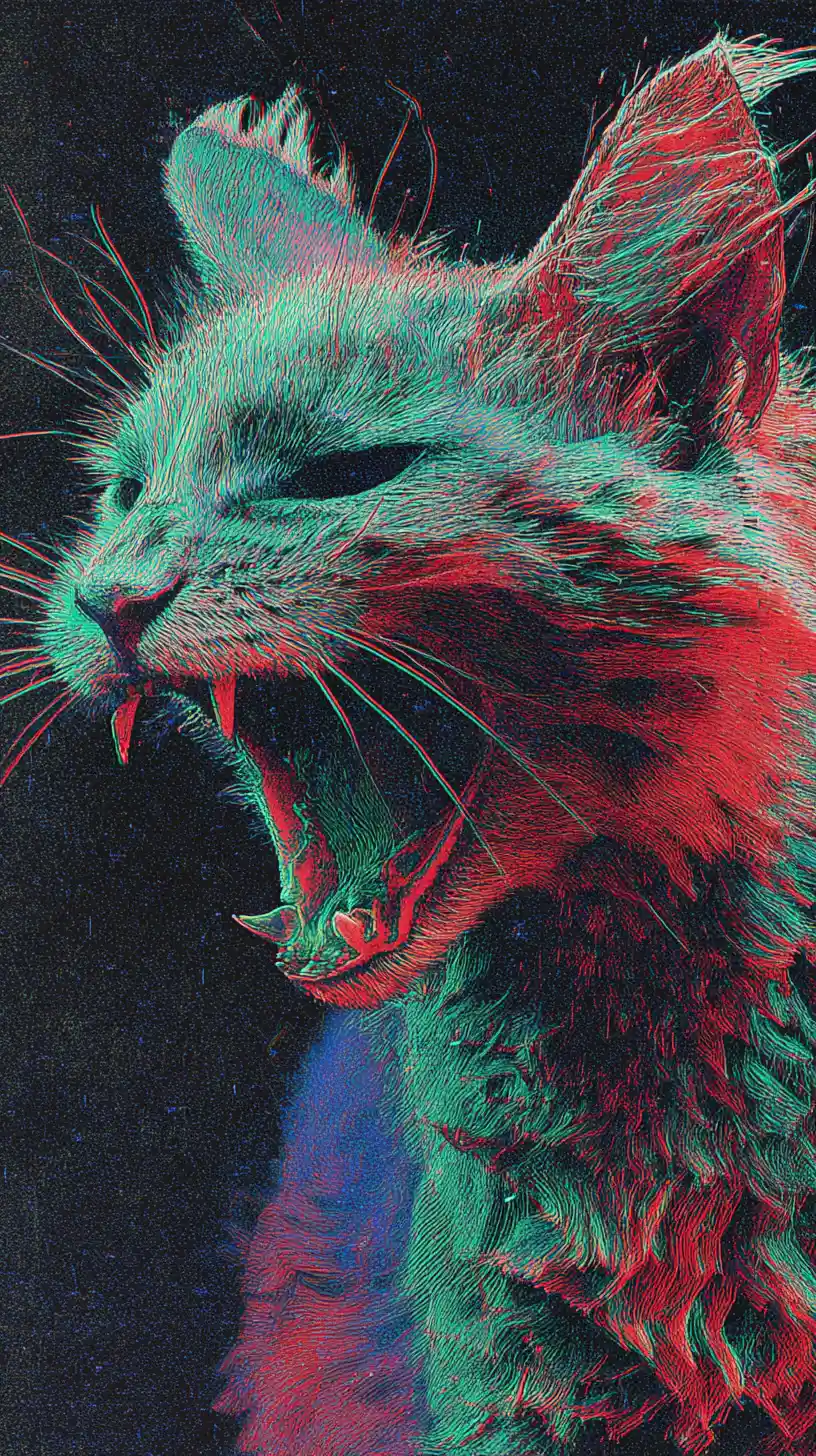 VHS style glitchy neon skeletal cat with arched back