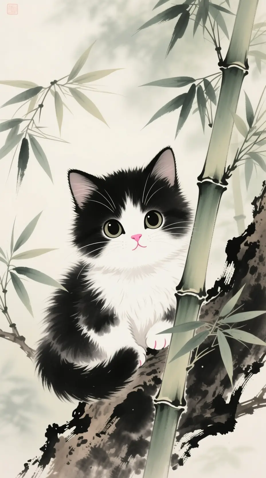 Cute kitten in bamboo tree ink wash painting