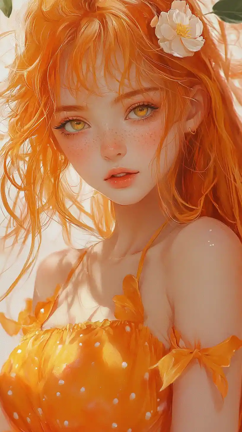 Anime girl in orange dress with freckles close up
