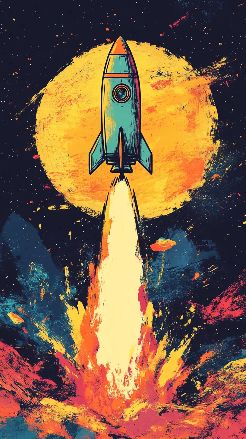 Colorful crayon rocket soaring playfully toward the sun
