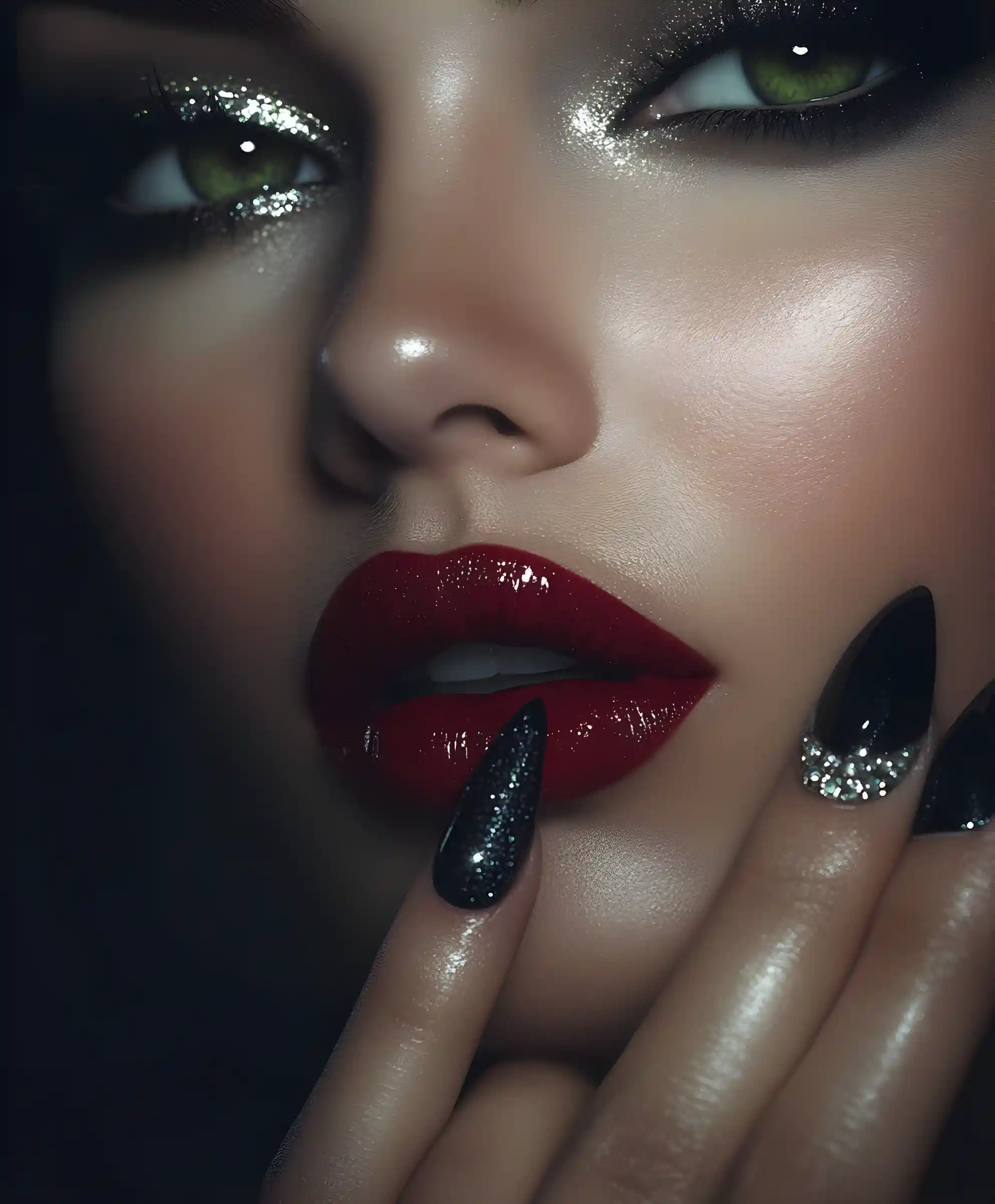 Extreme close up portrait of glamorous woman in scarlet makeup