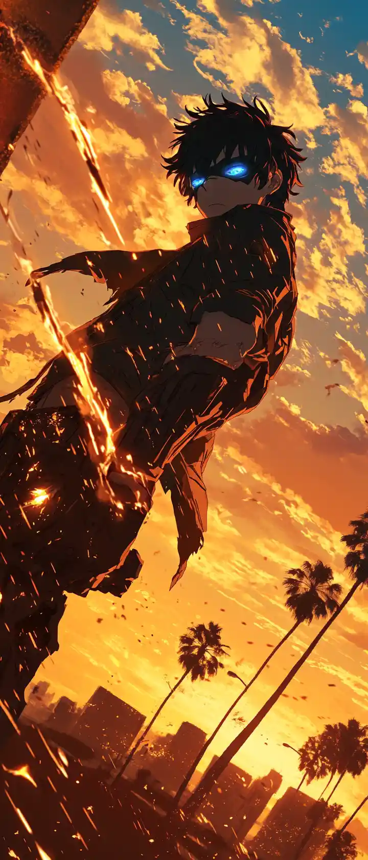 Ragazzo supereroe in stile anime su un cartellone al tramonto a Los Angeles