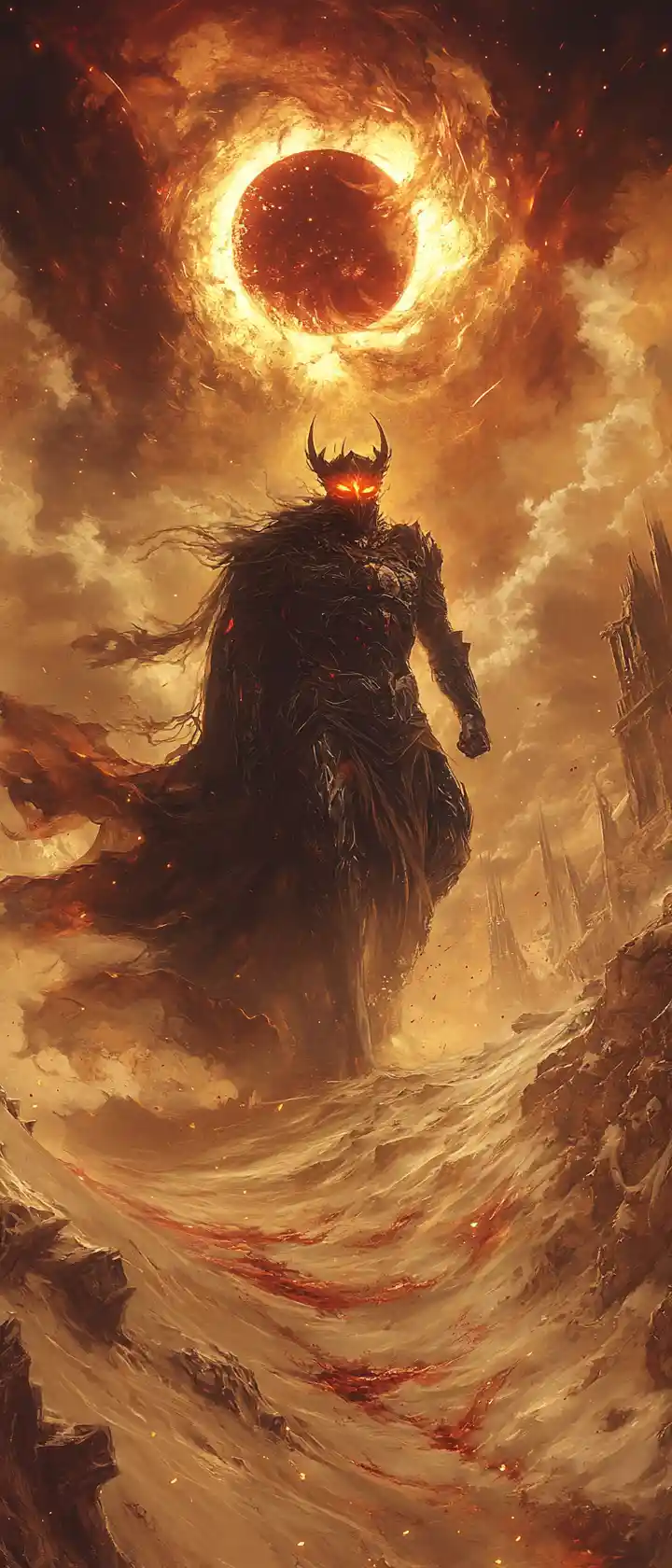 Vampire king roaring in a stormy eclipsed desert