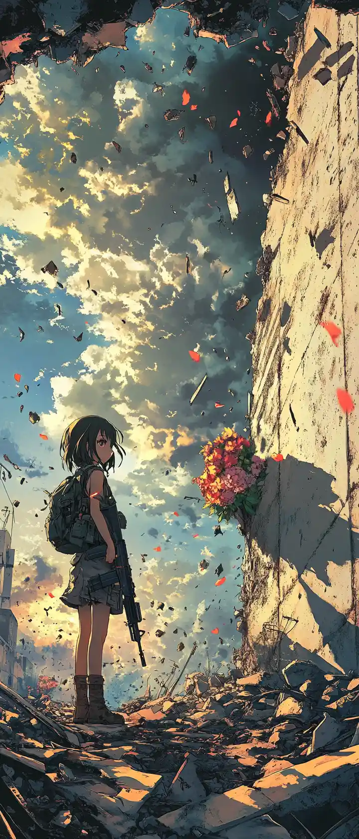 Anime girl frisking a soldier on a ruined city wall