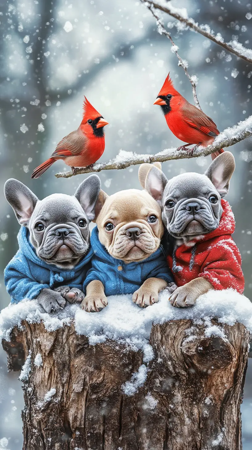 French bulldog puppies on snowy log in winter forest