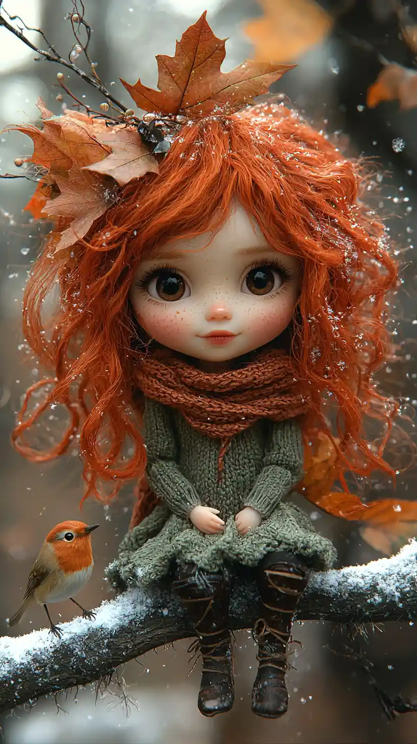 Little autumn fairy sitting on a snowy forest branch