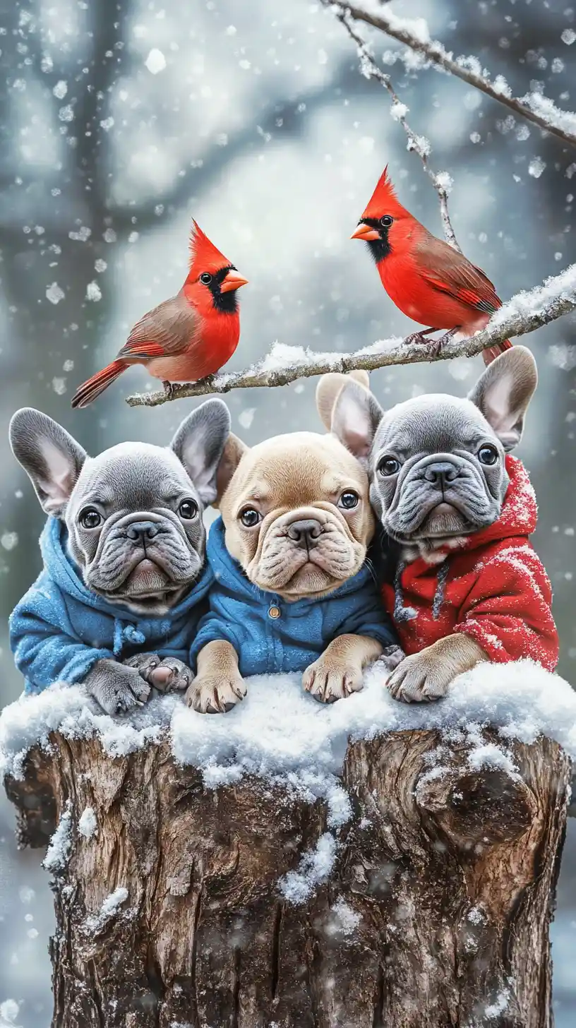 Cuccioli di bulldog francese su un tronco innevato nella foresta invernale