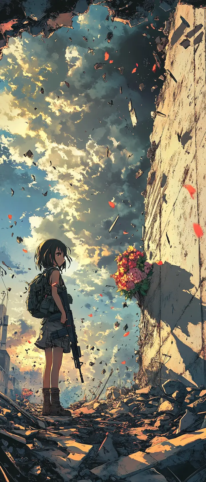 Anime girl frisking a soldier on a ruined city wall