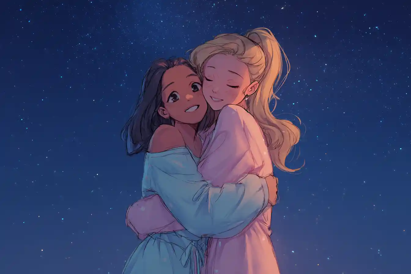 Two girls hugging under a peaceful starry night sky