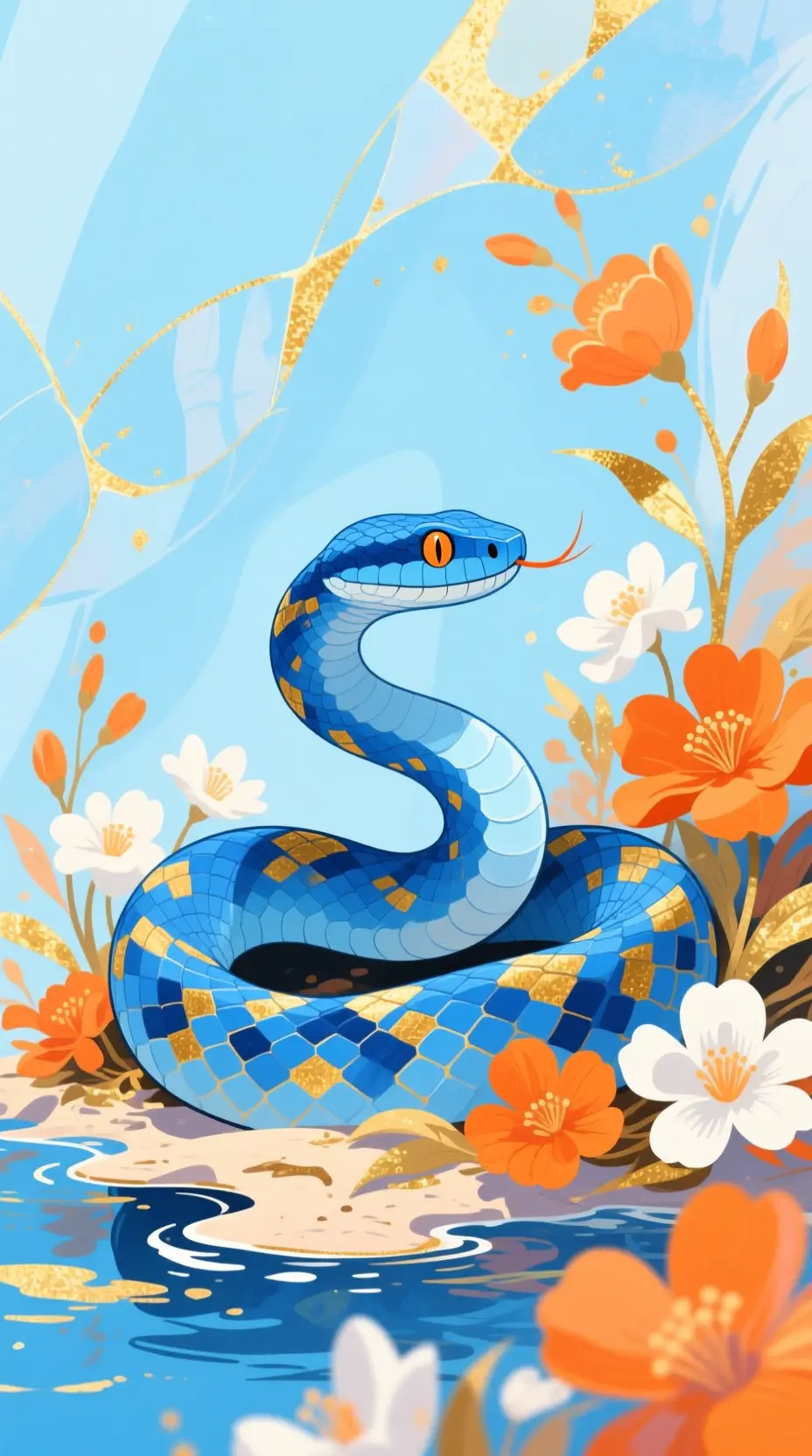 Blue island pit viper with orange and white florals