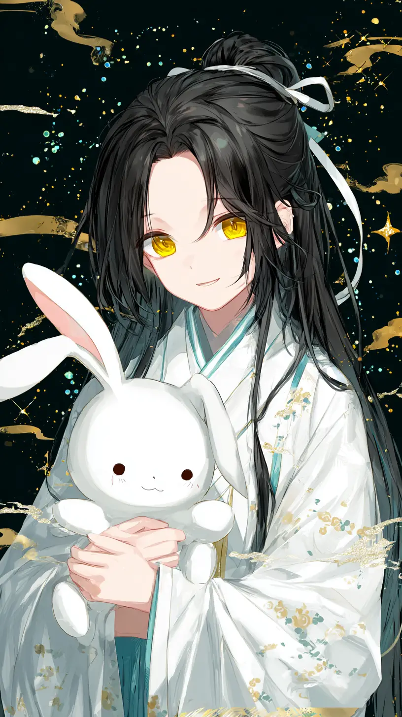 Anime dragon horned man holding black rabbit plush
