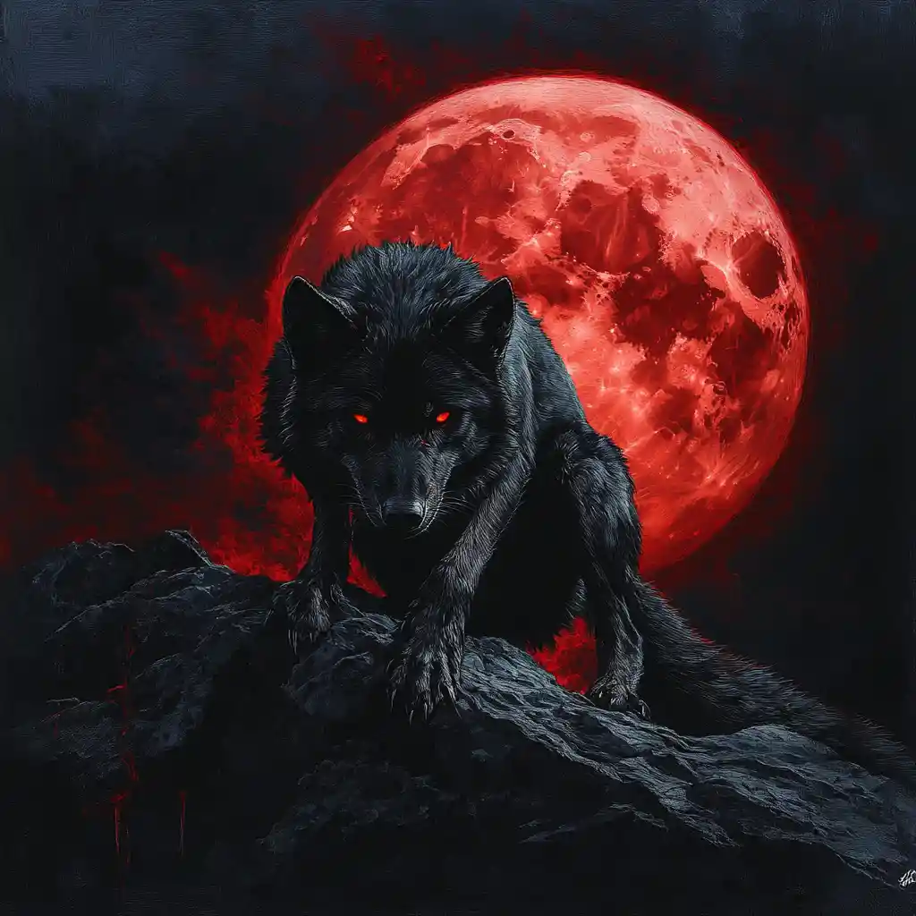 Black wolf on rocky ledge beneath a blood red moon