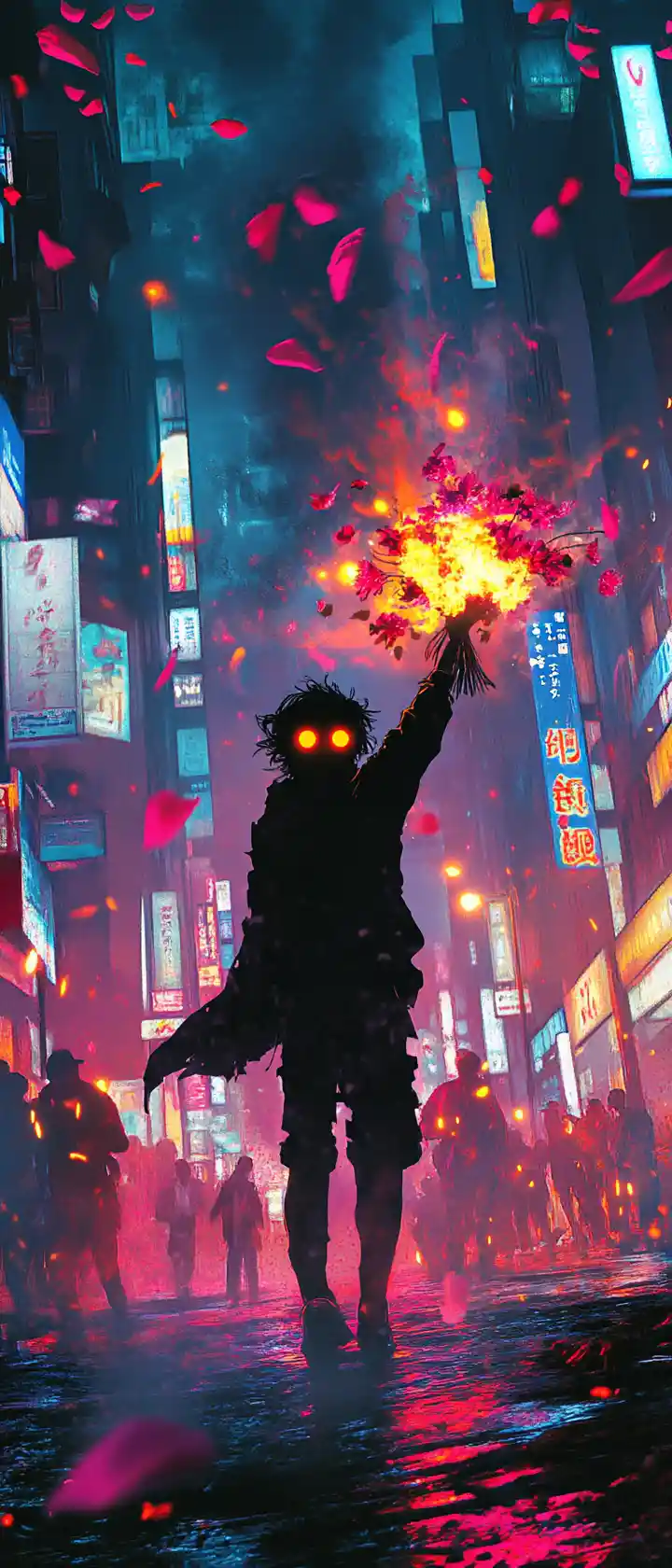 Anime rioter throwing glowing flowers in neon night street