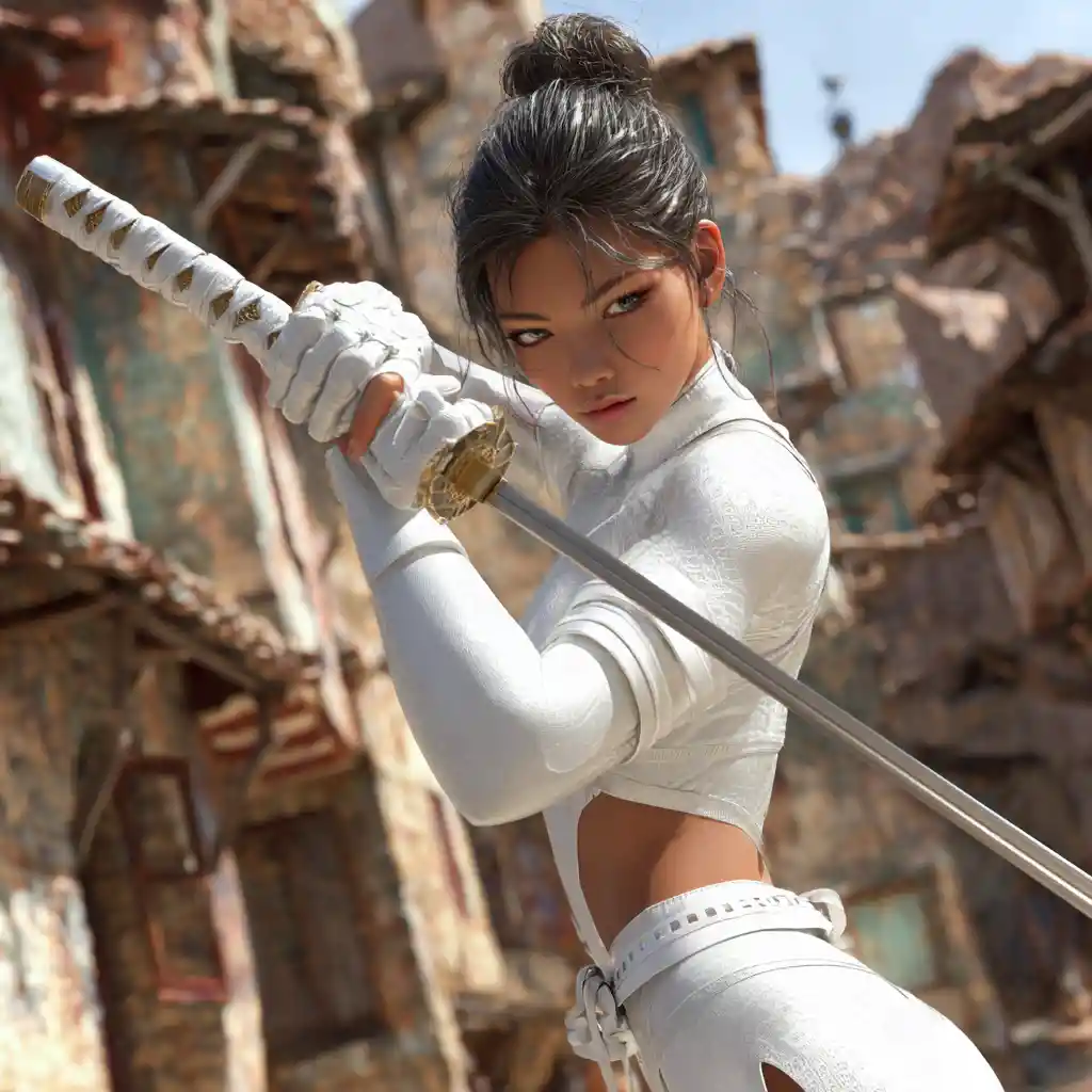 Asian female warrior with sword in ancient village