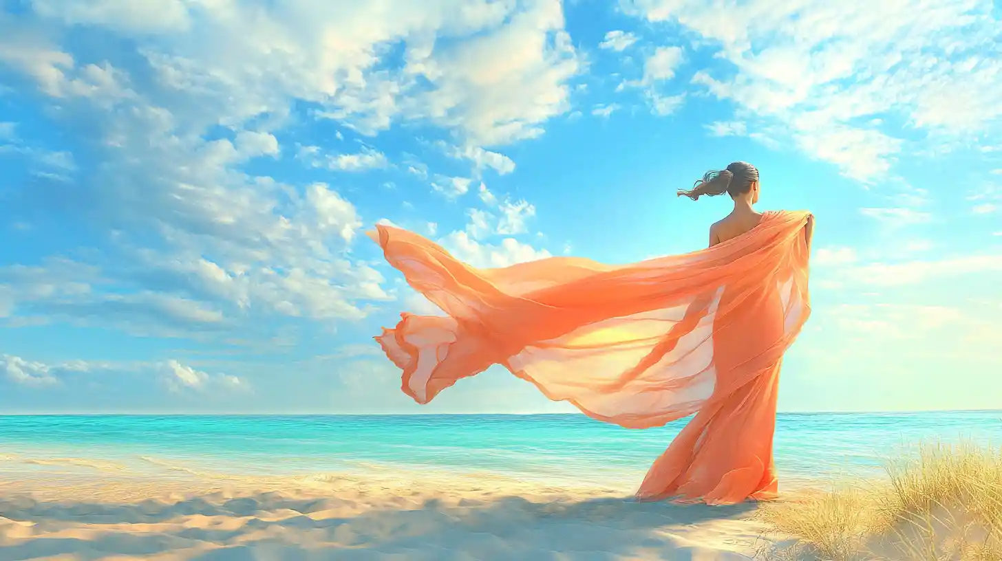 Woman with flowing fabric by turquoise seaside shore