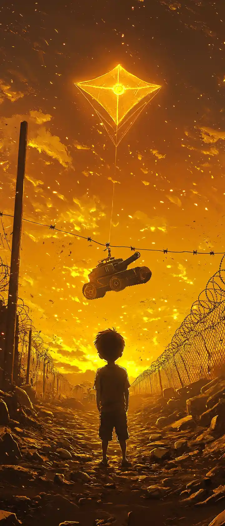 Ragazzo anime che fa volare un aquilone luminoso all’alba dorata del deserto