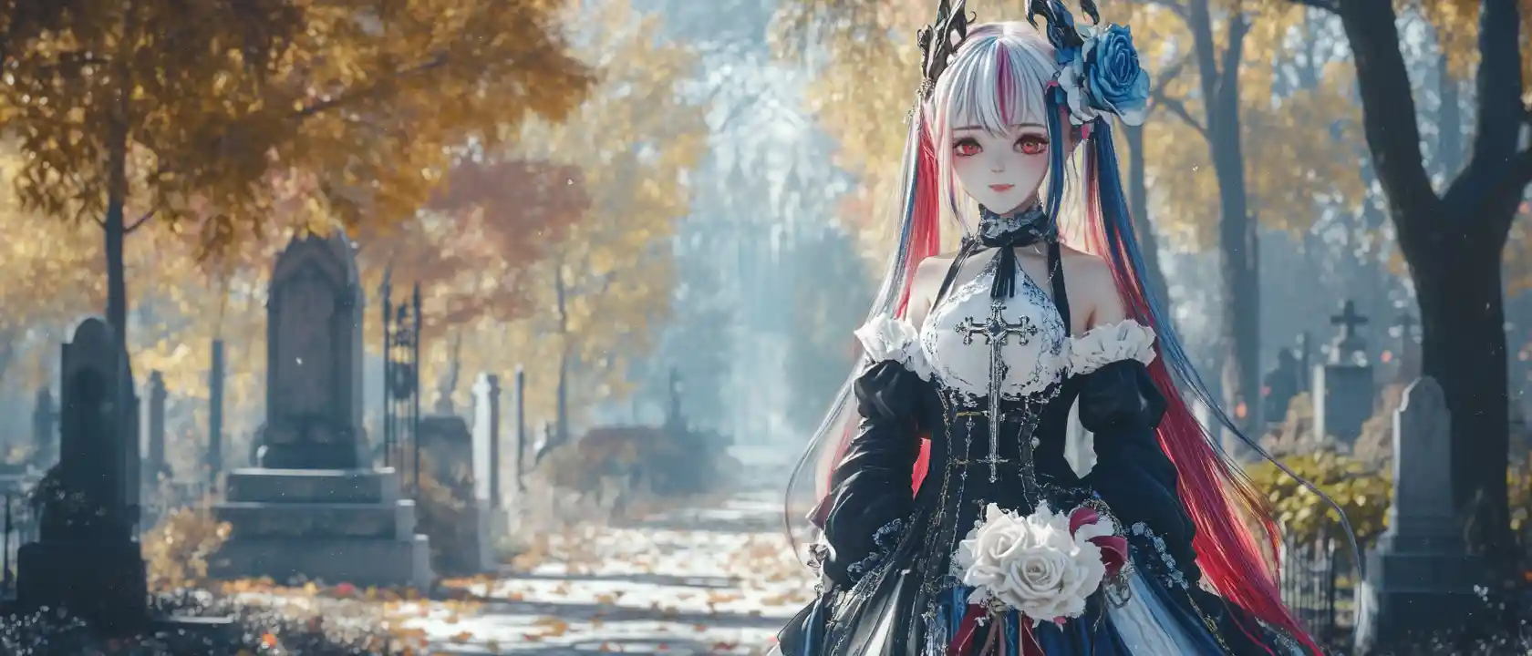 Anime girl with rainbow hair in a frozen rose garden