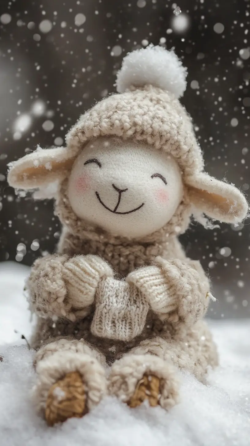 Cute little sheep knitting socks while sitting in snow