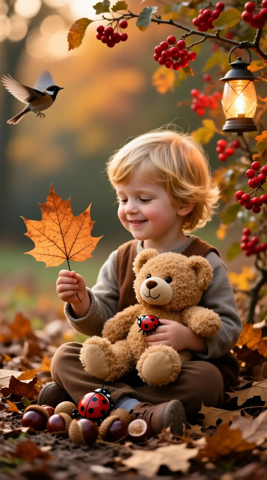 Little girl with teddy bear in golden autumn leaves
