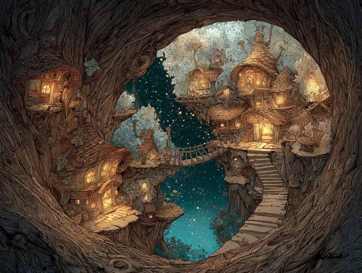 Cozy fairy town inside an ancient hollow oak trunk