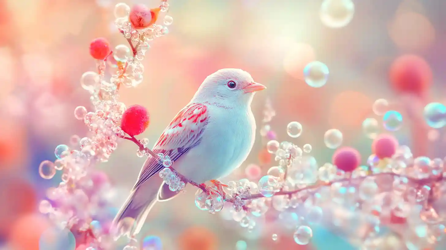 Joyful bird photography with colorful bubbles and flowers