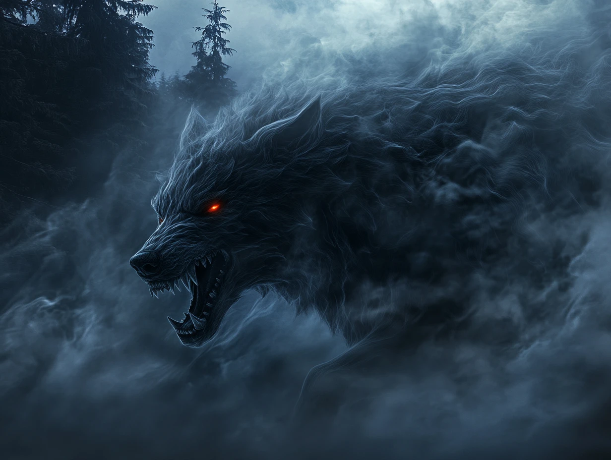 Lobo formado por humo abalanzándose por un bosque con niebla